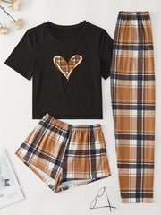 Heart Print Pajama Set Short Sleeve Crew Neck Top & Plaid Shorts & Lounge Pants