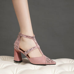 Women's Pointed Toe Block High Heels T-Strap Sandals