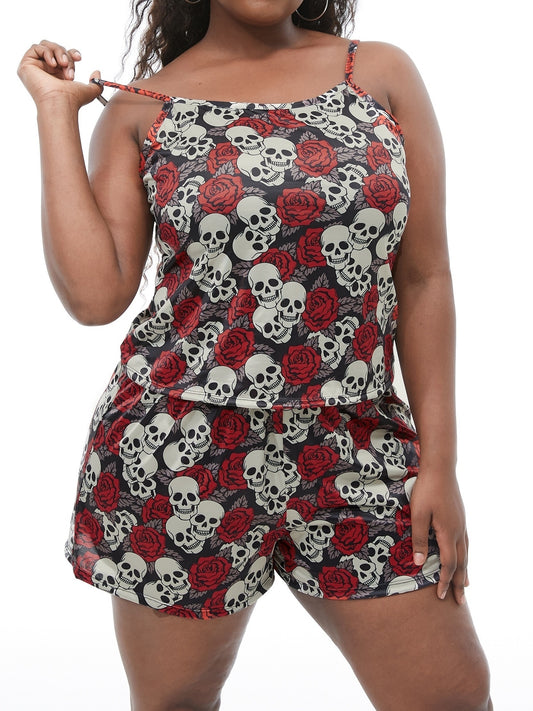  Rose & Skull Print Cami Top & Shorts Loungewear Set