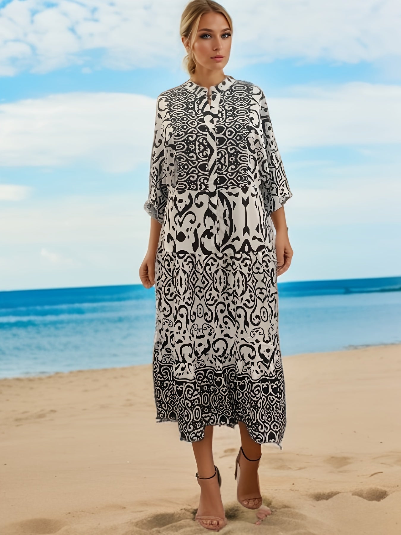 Women's Plus Geometric Print V Neck Smock Maxi Dress