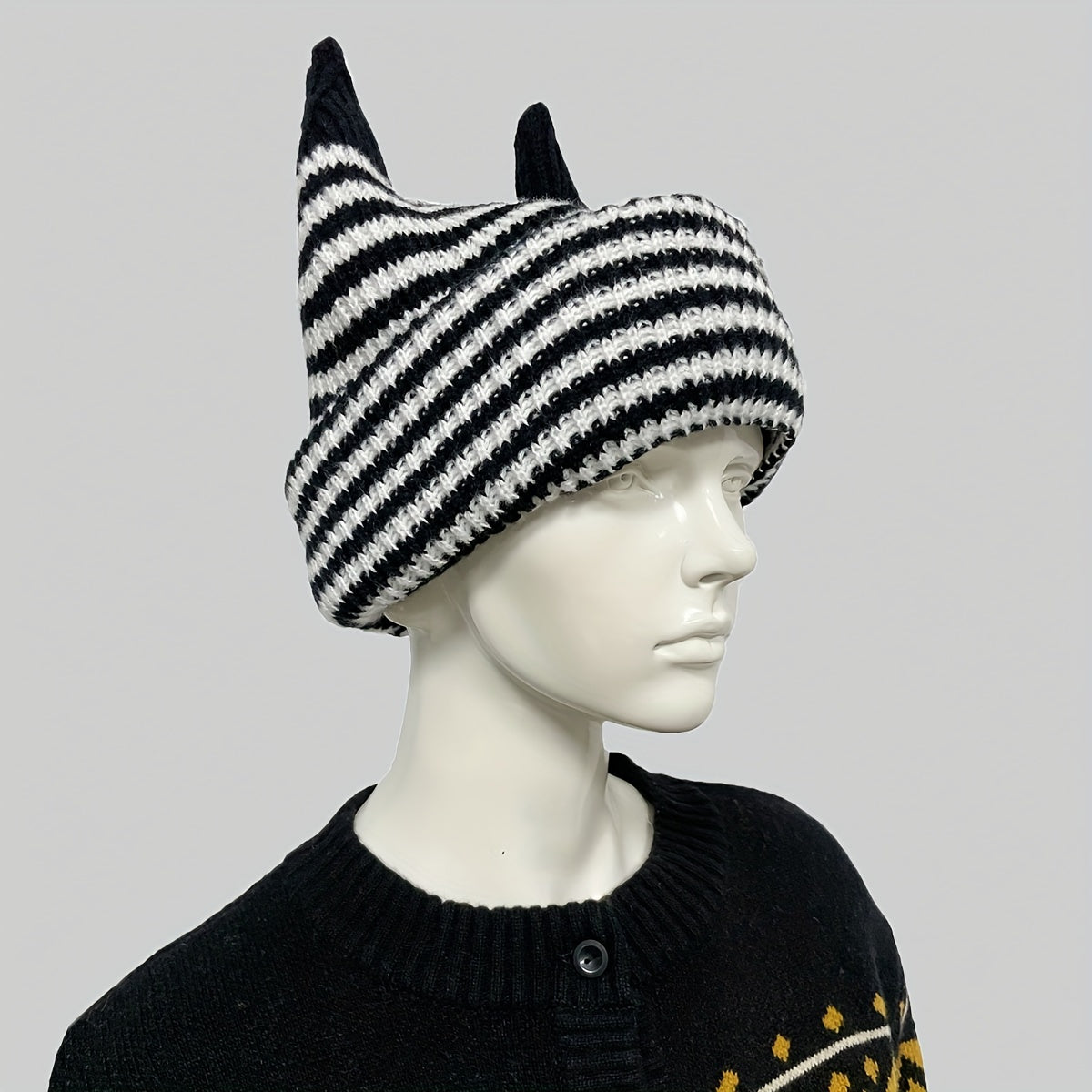 Unisex Halloween Striped Knit Hat With Horns For Warmth