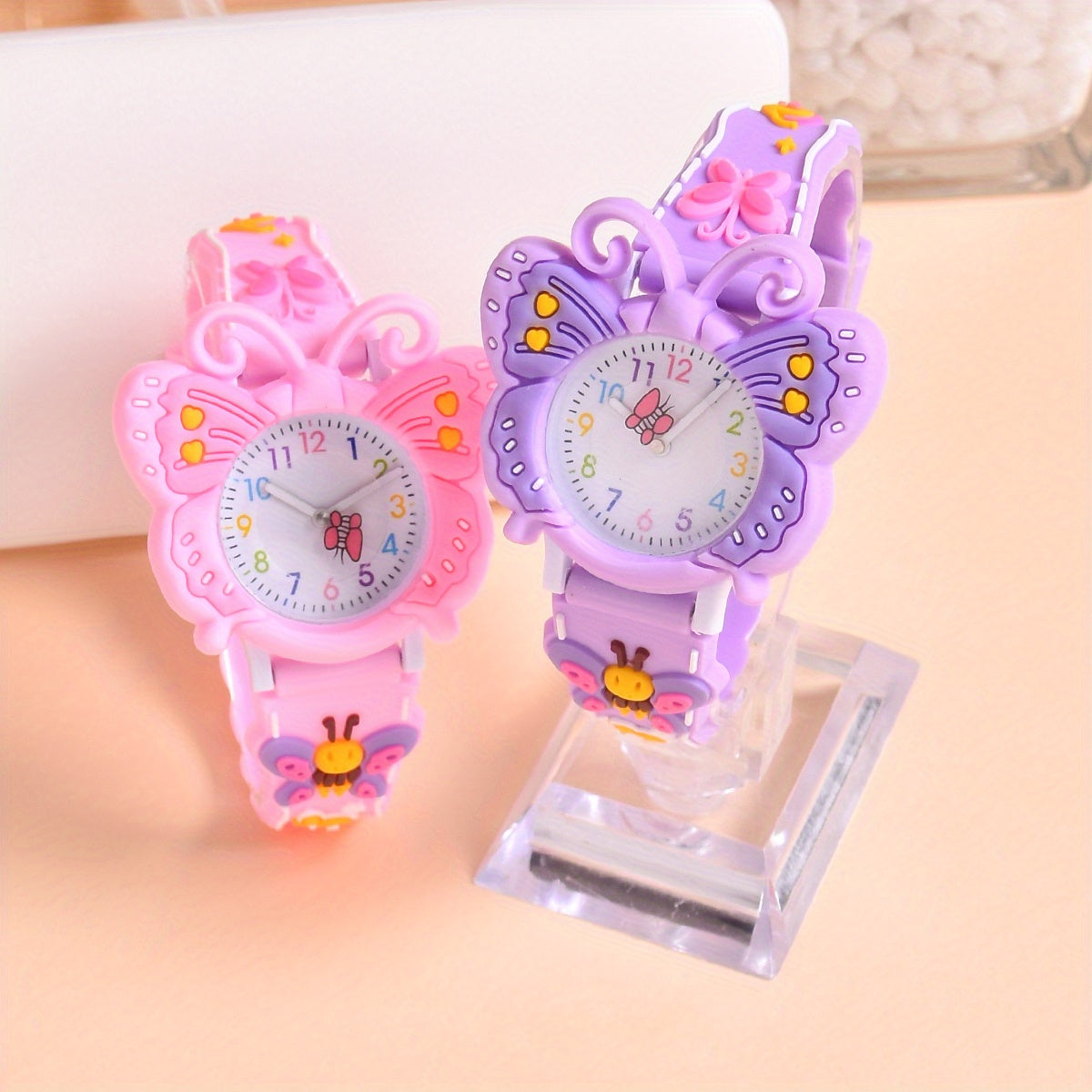 2pcs 3D Butterfly Pony Strap Quartz Watch Small Wristwatch