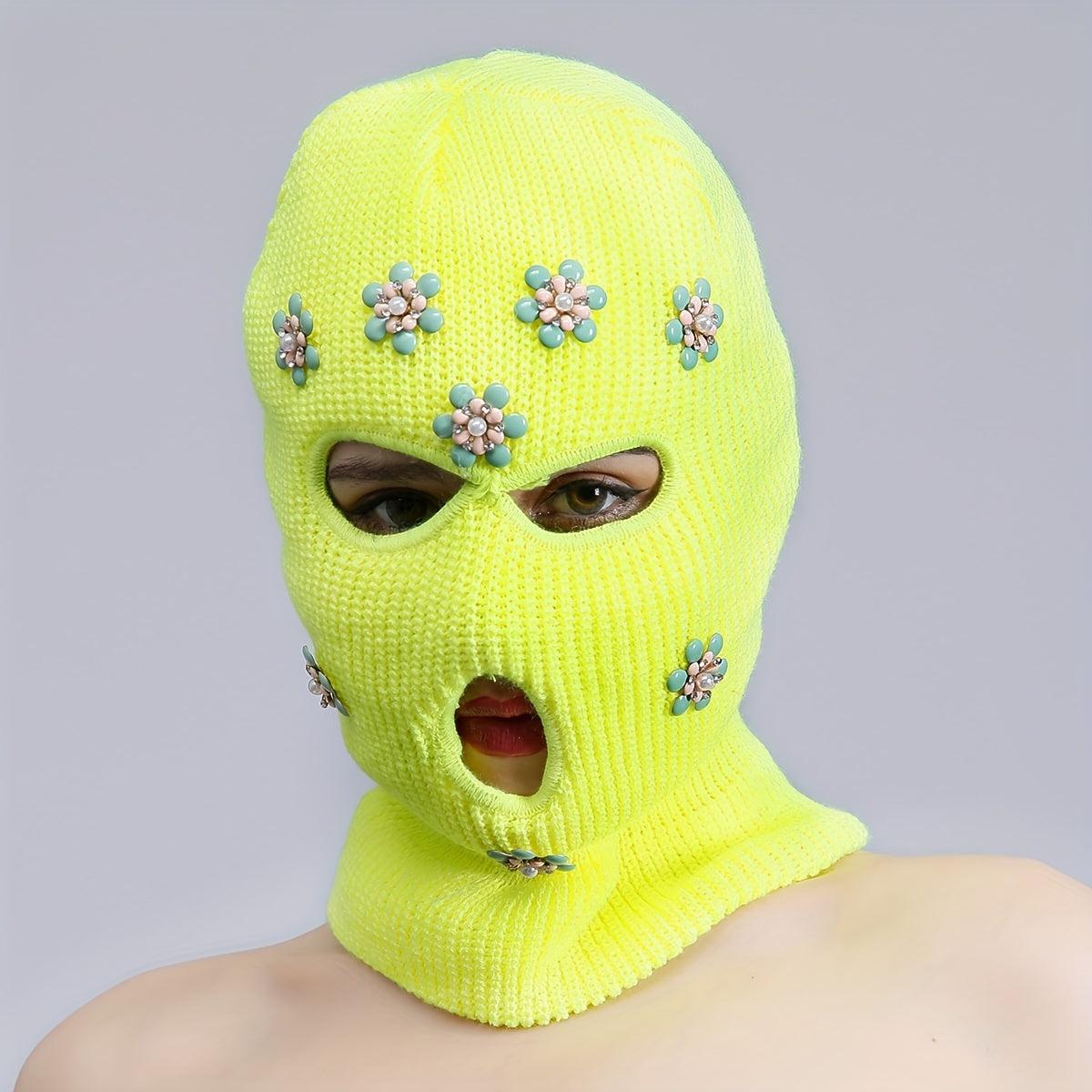 Green Rhinestone Flower Balaclava Y2K Ski Mask