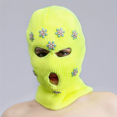 Green Rhinestone Flower Balaclava Y2K Ski Mask