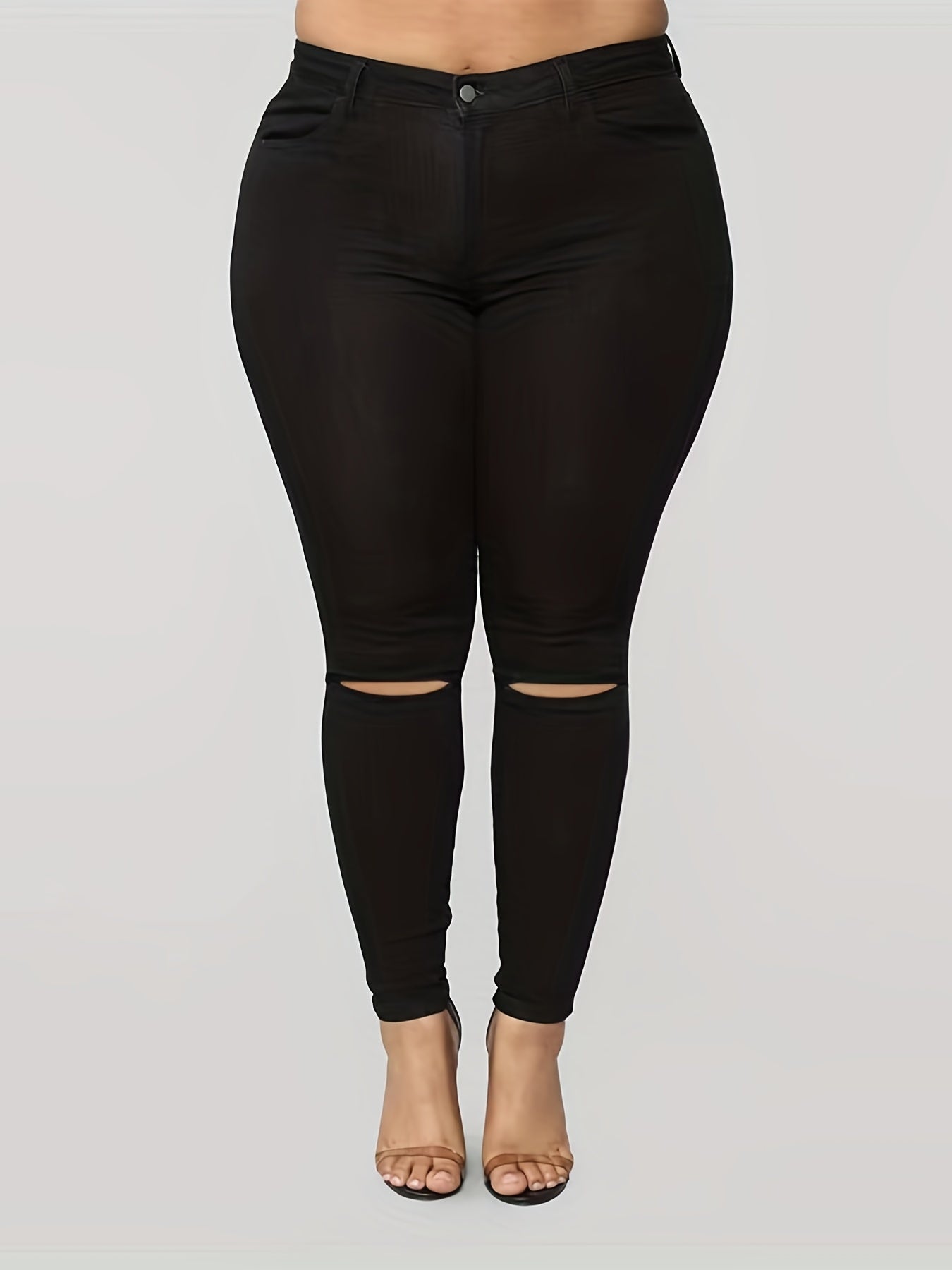  Casual Jeans Women's Plus Solid Ripped Skinny Jeans