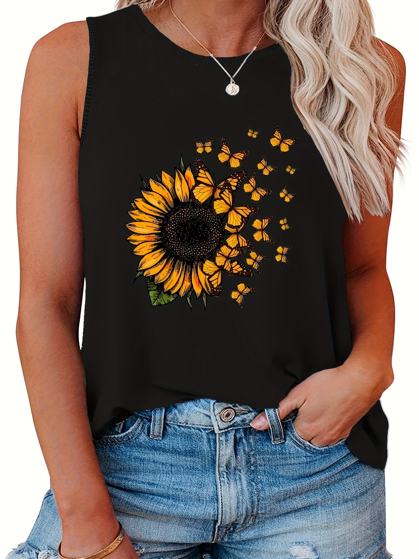  Sunflower Print Tank Top Round Neck Casual Tank