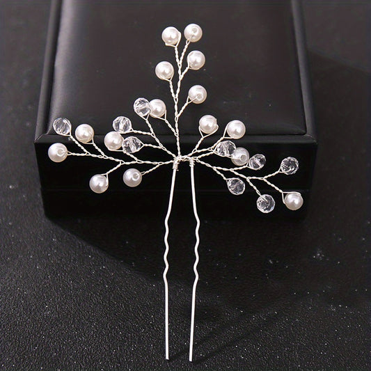 Silvery Crystal Faux Pearl Hairpins U shaped Hair Pin Wedding Bridal Hair Sticks