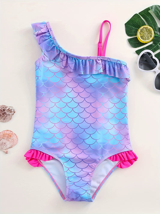 Mermaid Tie Dye Ruffled Swimsuit for Girls - One Shoulder One Piece