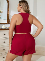  Ribbed Racer Back Crop Tank Top & Tie Shorts Pajama Set