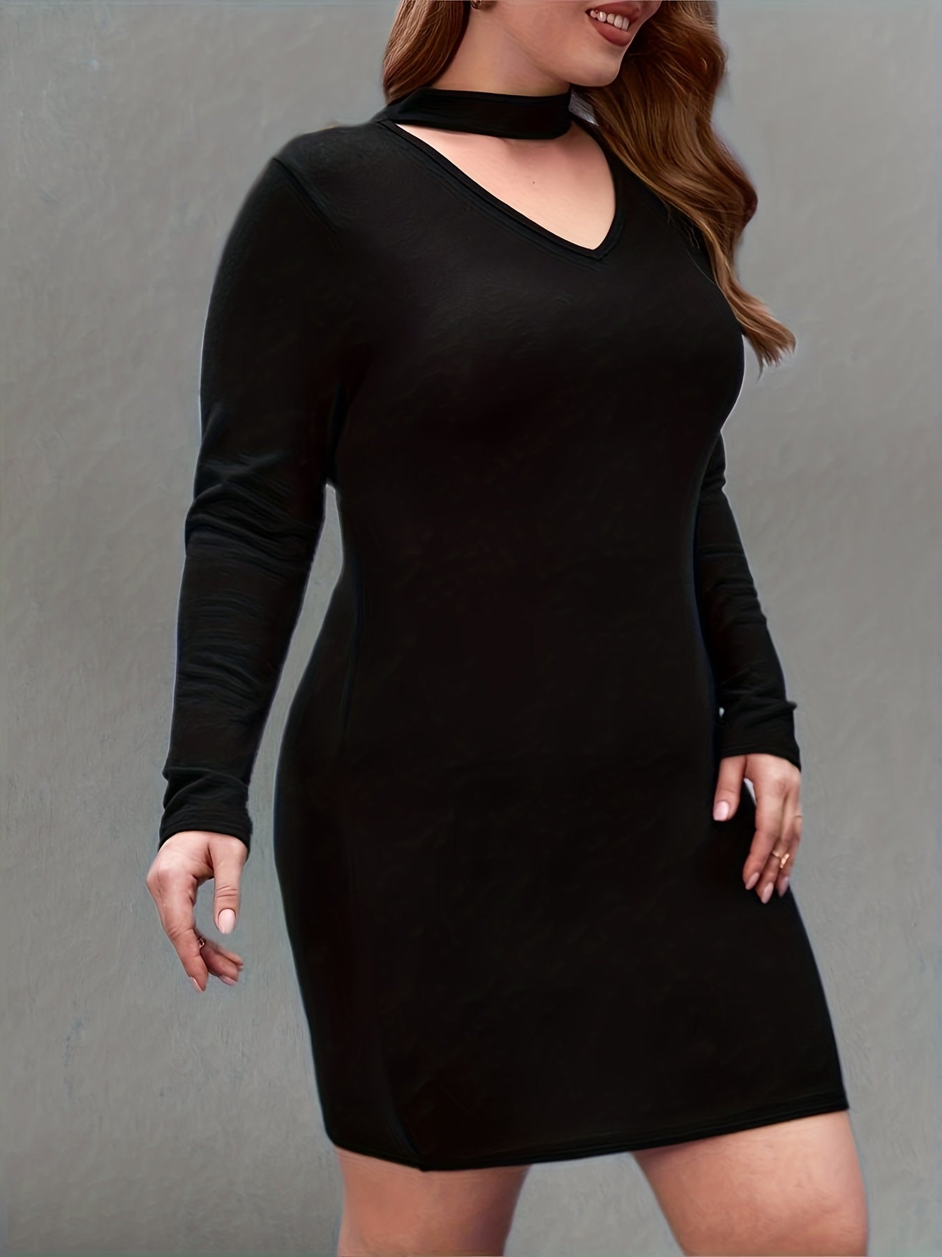  Solid Long Sleeve Cut Out Mock Neck Mini Dress