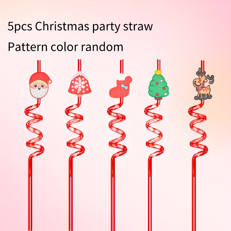 5pcs Christmas Party Straws Santa Snowman Shaped Straws Props Random
