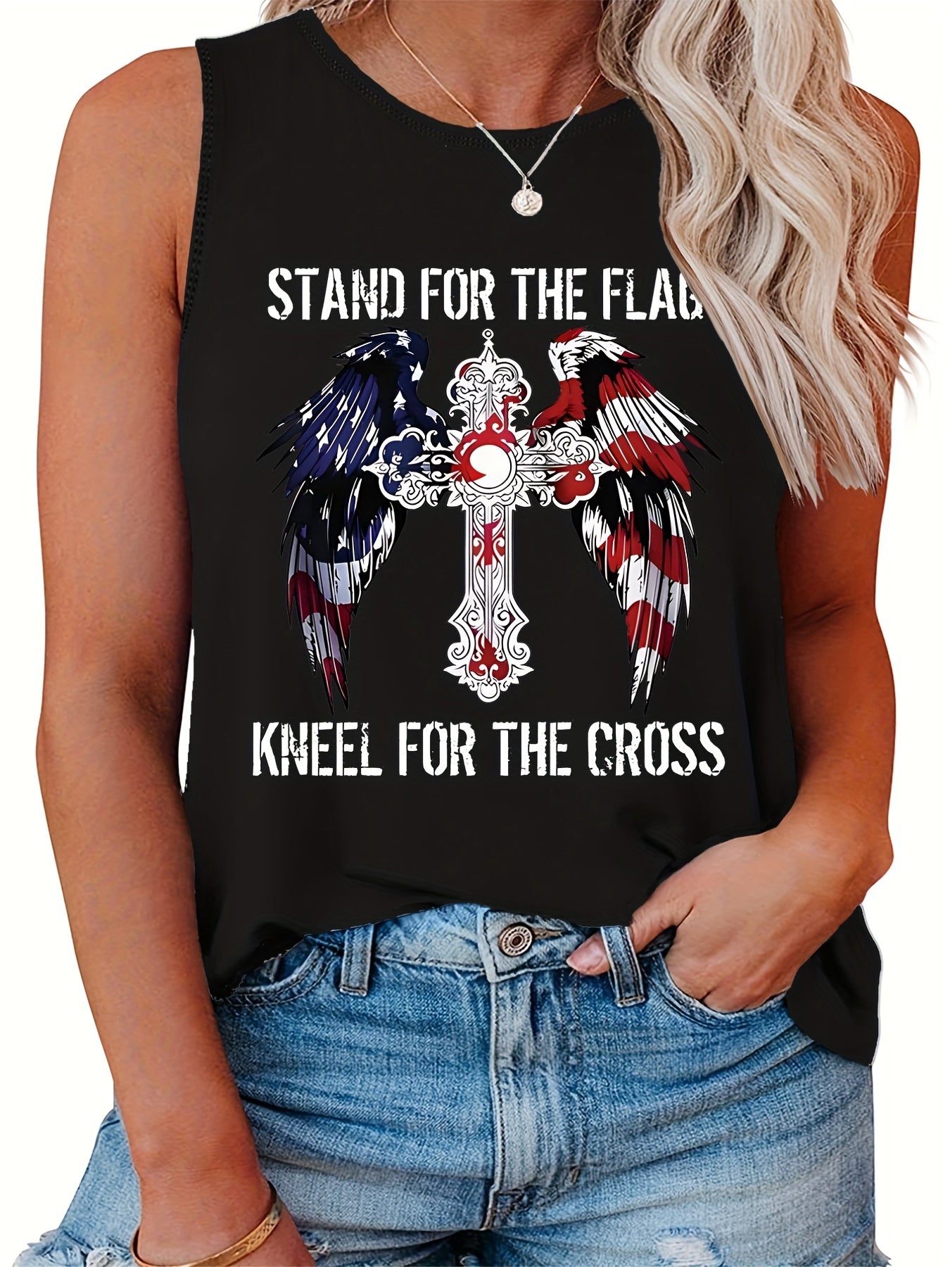  Casual Tank Top Women's Plus Cross & Wing & Slogan Print Round Neck