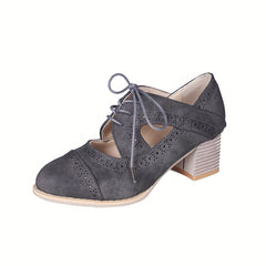 Women's Perforated Brogues Chunky Heels Cut out Lace Up Pointed Toe Short Boots