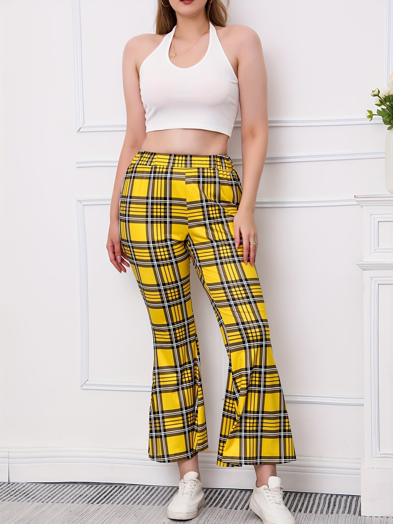  Plaid Print High Rise Flared Leggings