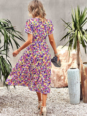 Floral Print Summer Vacation Dress V Neck Petal Sleeve Tiered Dress