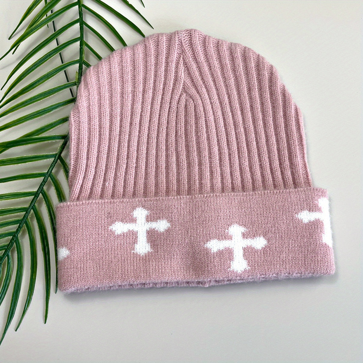 Pink Cross Jacquard Beanie Y2K Elastic Knit Hat