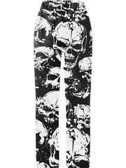 Women's Plus Allover Skull Print Elastic High Rise Straight Leg Trousers