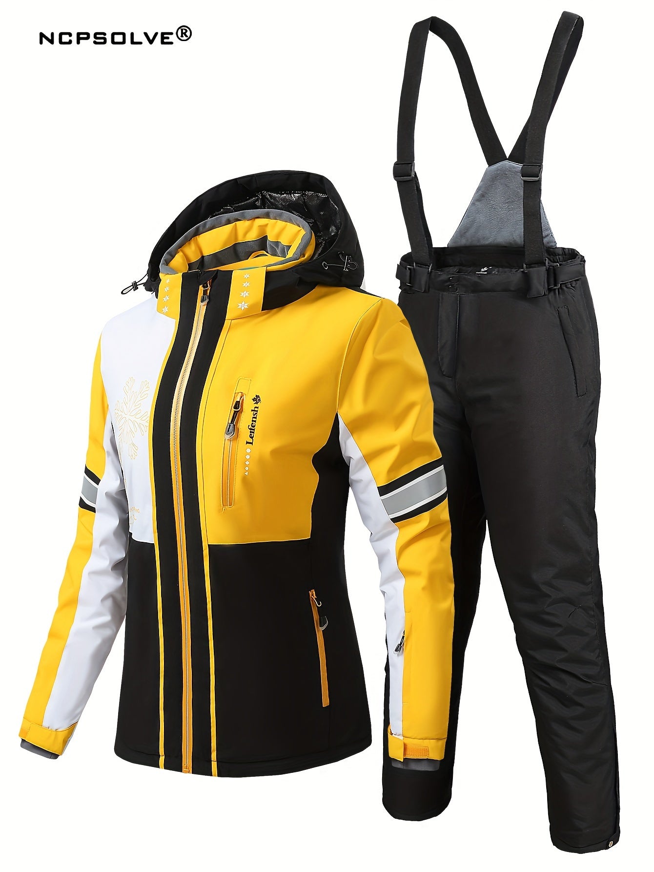 Colorblock Snowflake Ski Set Zip Hooded Jacket & Suspender Trouser