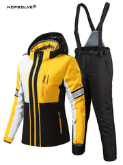 Colorblock Snowflake Ski Set Zip Hooded Jacket & Suspender Trouser