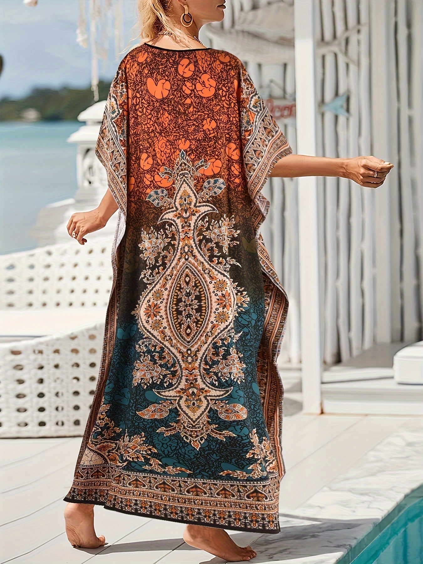  Boho Kaftan Dress Women's Plus Colorblock Floral Print Maxi