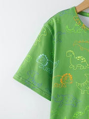 Boys Dino Print Pajama Set Short Sleeve Round Neck Elastic Waist Pants