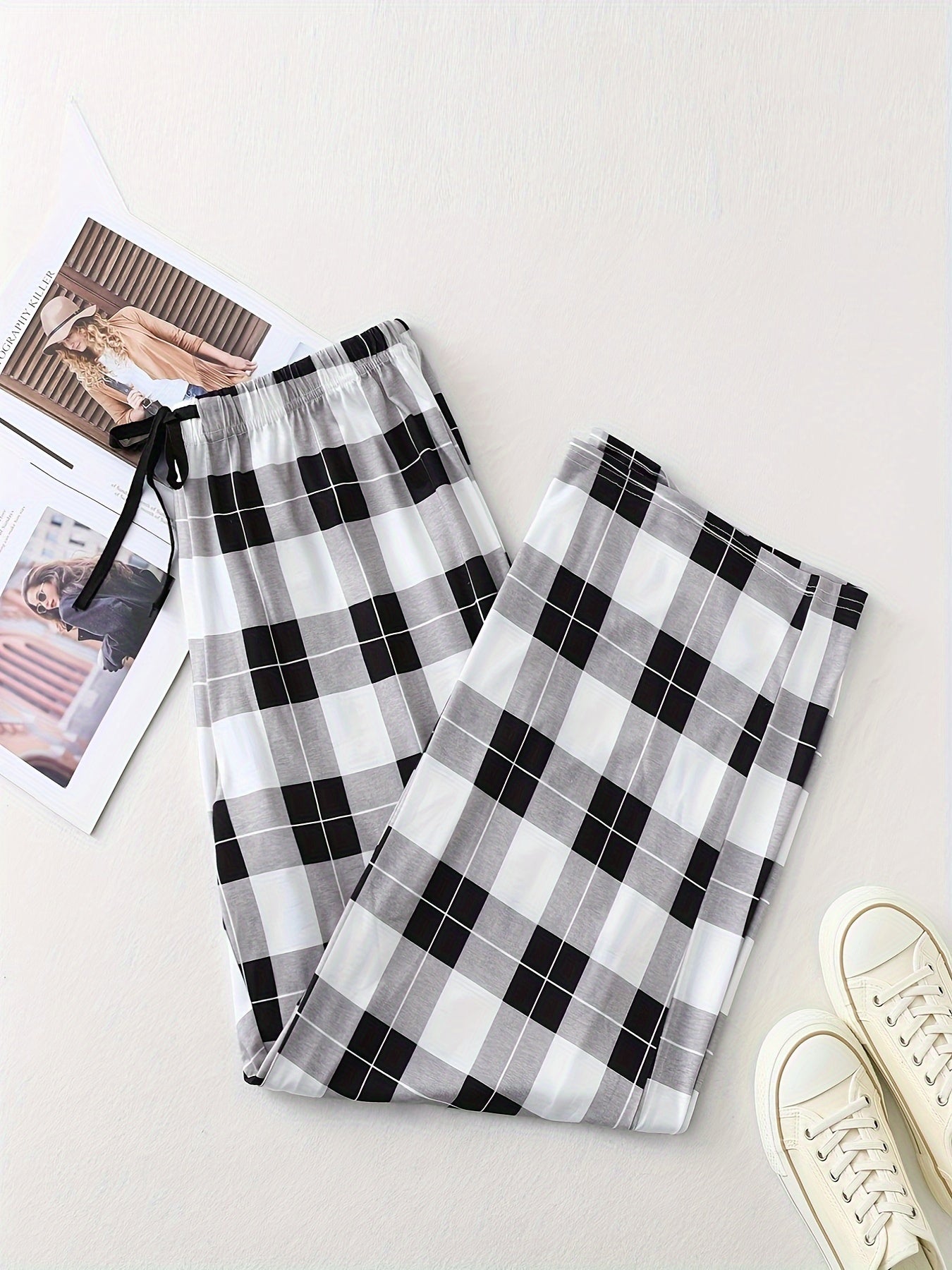  Plaid Print Drawstring Elastic Casual Pants
