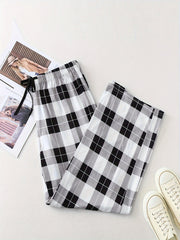  Plaid Print Drawstring Elastic Casual Pants