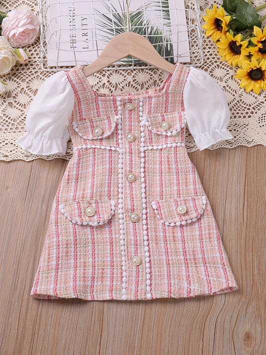 Girls Pearl Button Plaid Patchwork Princess Dress