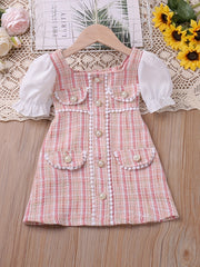Girls Pearl Button Plaid Patchwork Princess Dress