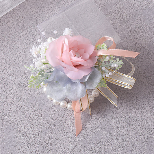 Faux Pearl Bracelet Wedding Corsage Fabric Hand Flowers