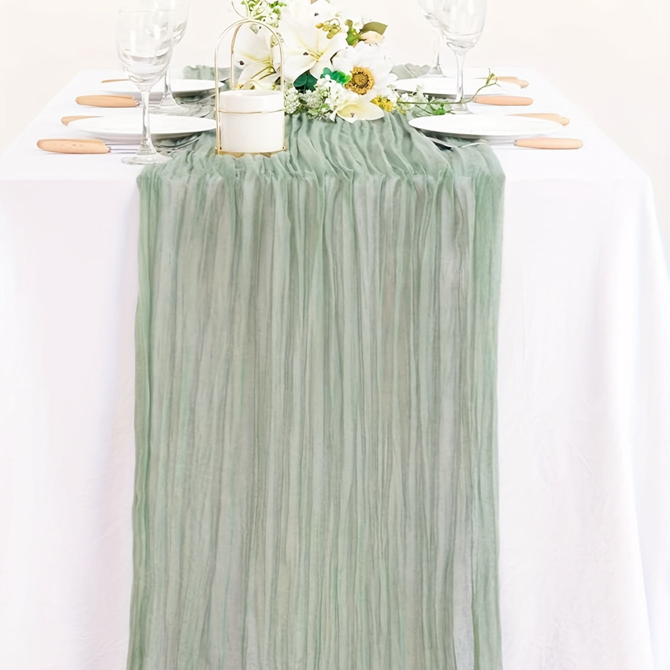 Polyester Green Balinese Table Runner Pleated Ethnic Style Holiday Decor