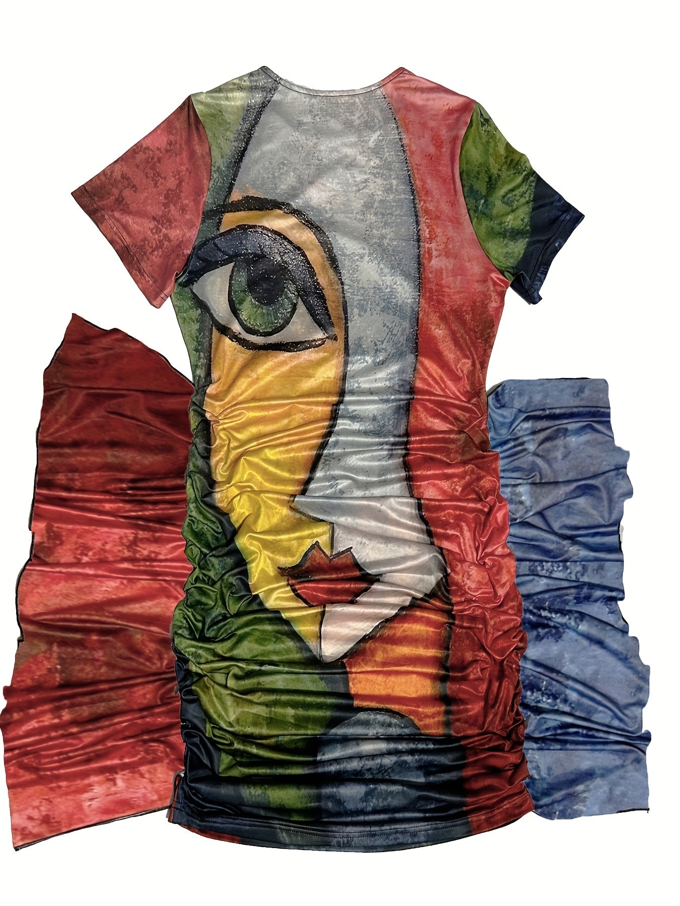  Abstract Figure Print Short Sleeve Ruffle Trim Dress