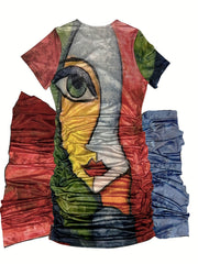  Abstract Figure Print Short Sleeve Ruffle Trim Dress