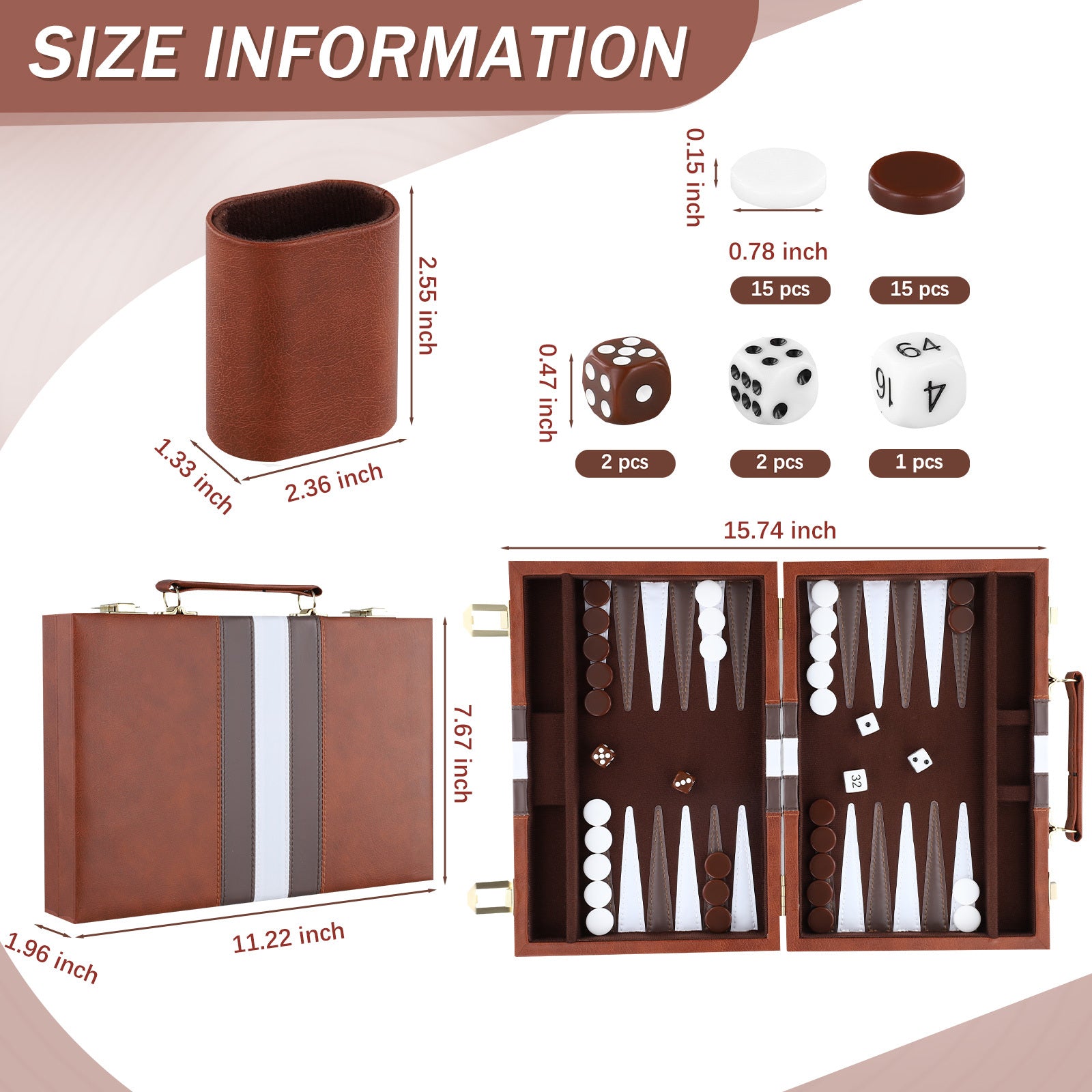 Backgammon Set 2 players Classic with Leather Case Brow