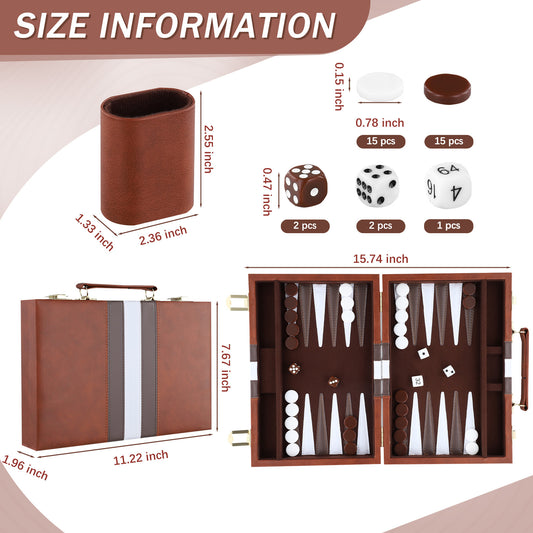 Backgammon Set 2 players Classic with Leather Case Brow