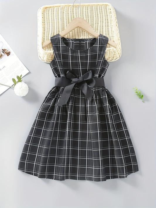 Girls Plaid Sleeveless Dress with Bow Belt