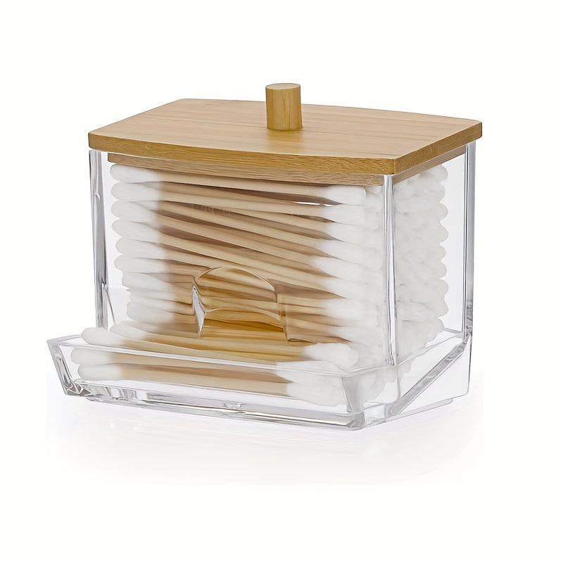 Acrylic Q Tip Dispenser with Bamboo Lid for Bathroom