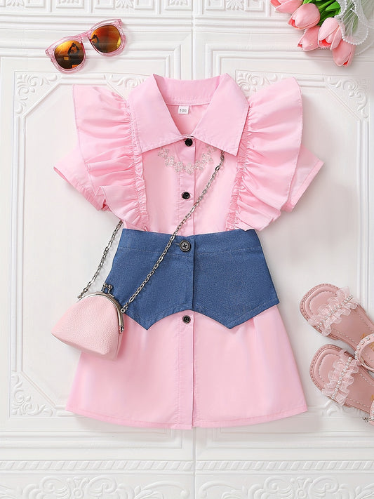 Toddler Girls Denim Spliced Shirt Dress with Ruffle Trim