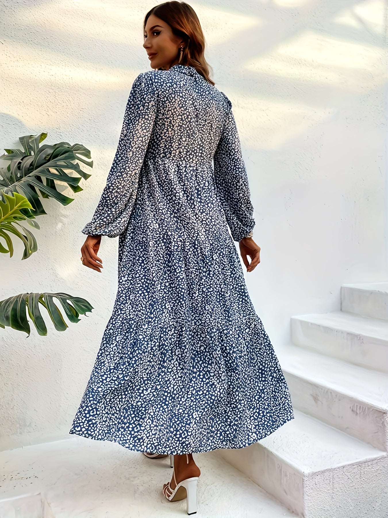 Plus Dalmatian Print Lantern Sleeve V Neck Smock Maxi Dress