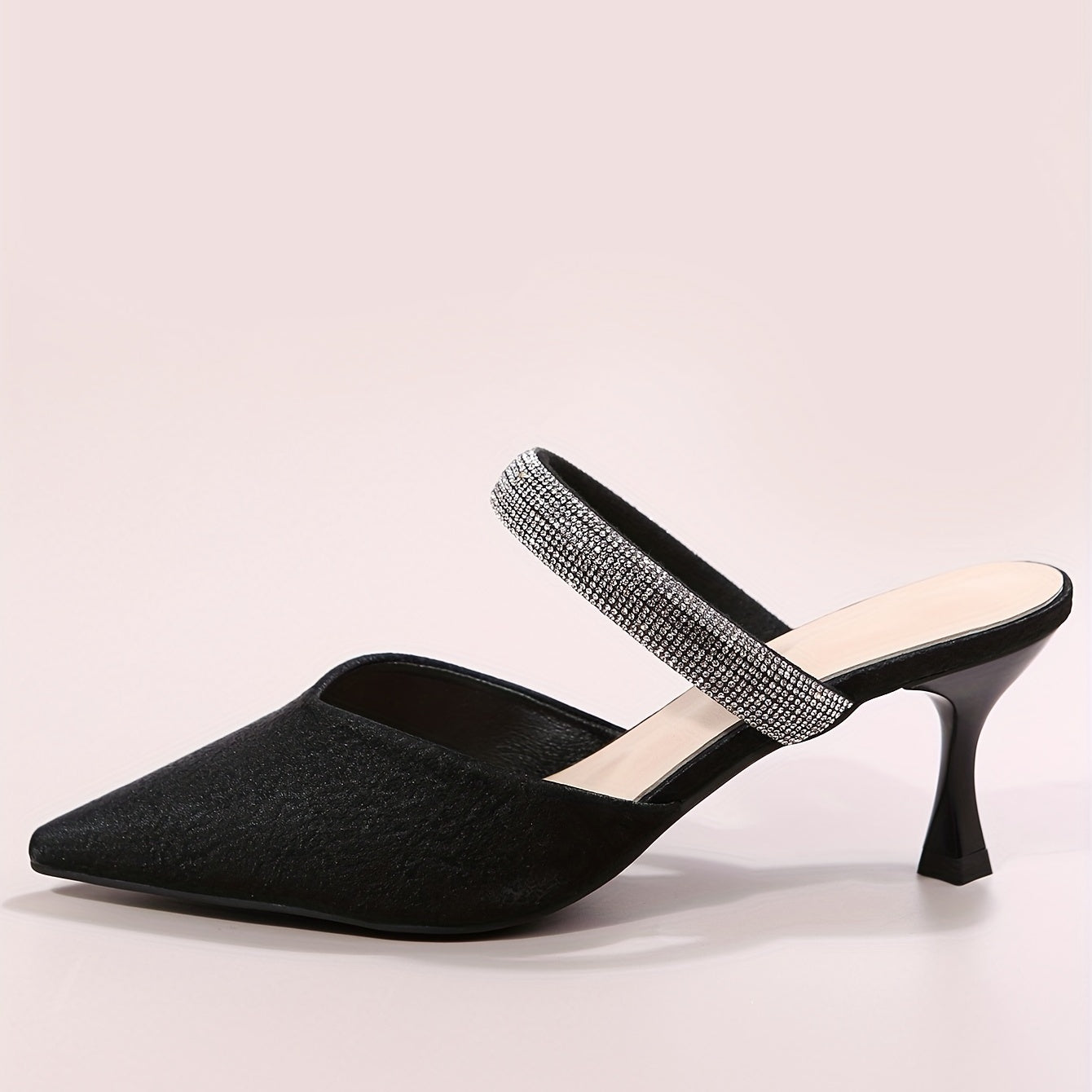 Rhinestone Decor Solid Sandals Point Toe Slip On Heels