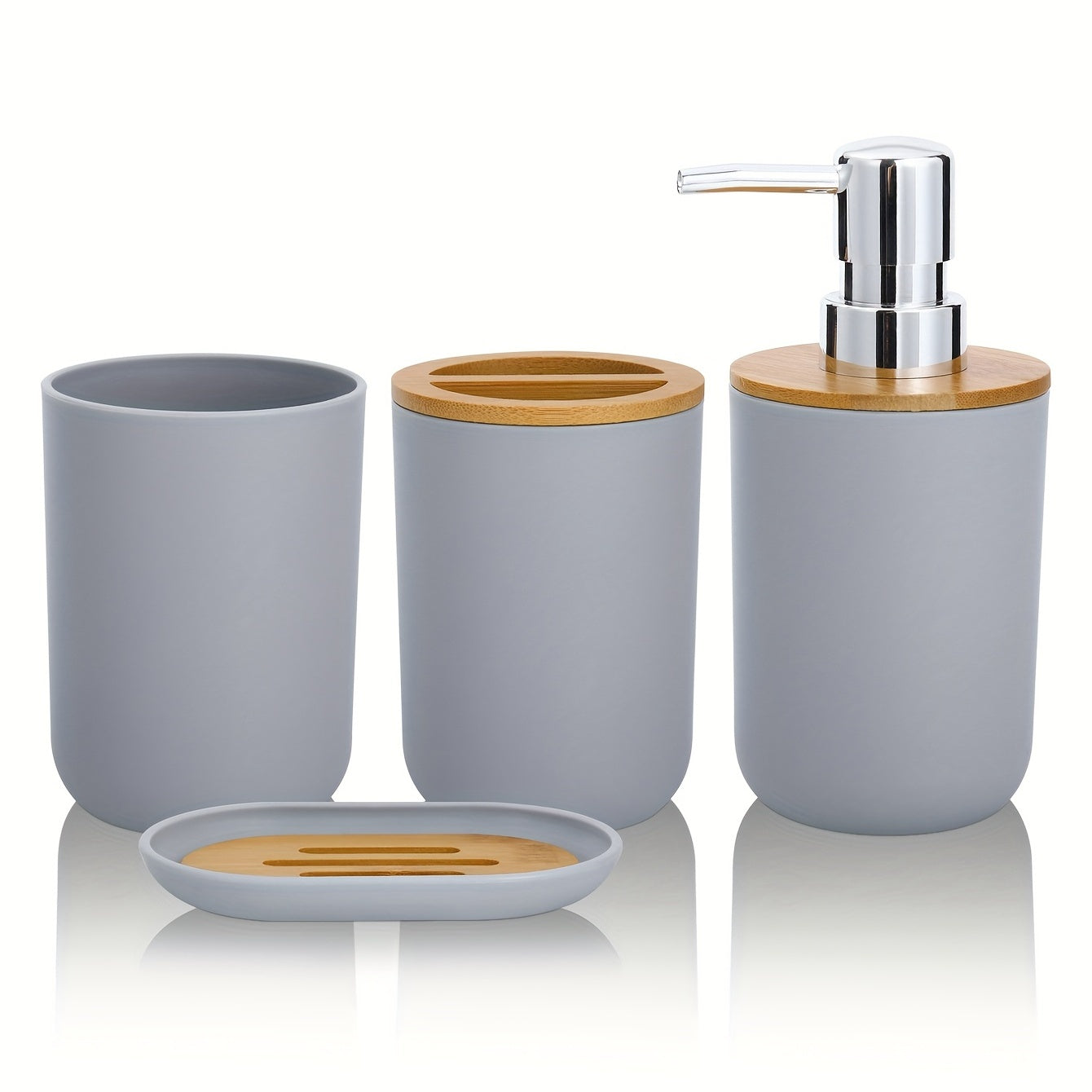 4-Piece Gray Bathroom Set - Lotion Pump, Toothbrush Holder, Tumbler, Soap Dish