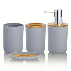4-Piece Gray Bathroom Set - Lotion Pump, Toothbrush Holder, Tumbler, Soap Dish