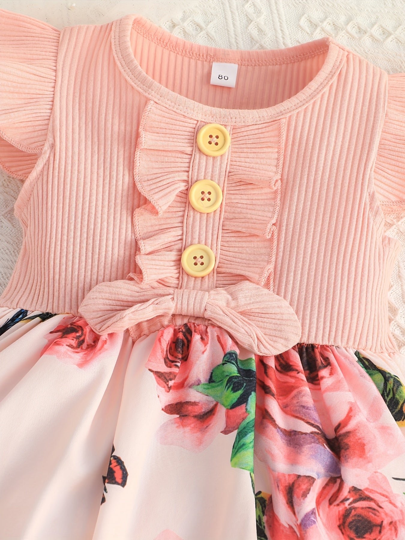 Girls Casual Stitching Dress Ribbed Fly Sleeve Ruffled Bow Dress