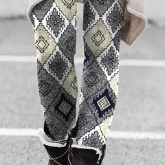  Geometric Print Fleece Leggings Elastic High Rise High Stretch
