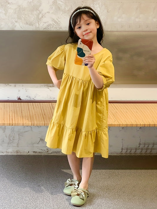 Girl's Cotton Puff Sleeve Princess Dress for Summer Parties