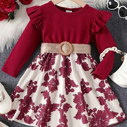 Vintage Floral Patchwork Dress Toddler Girls Ruffle Sleeve Belted Dress