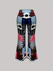 Plus Patchwork Print High Rise Flared Leg Trousers