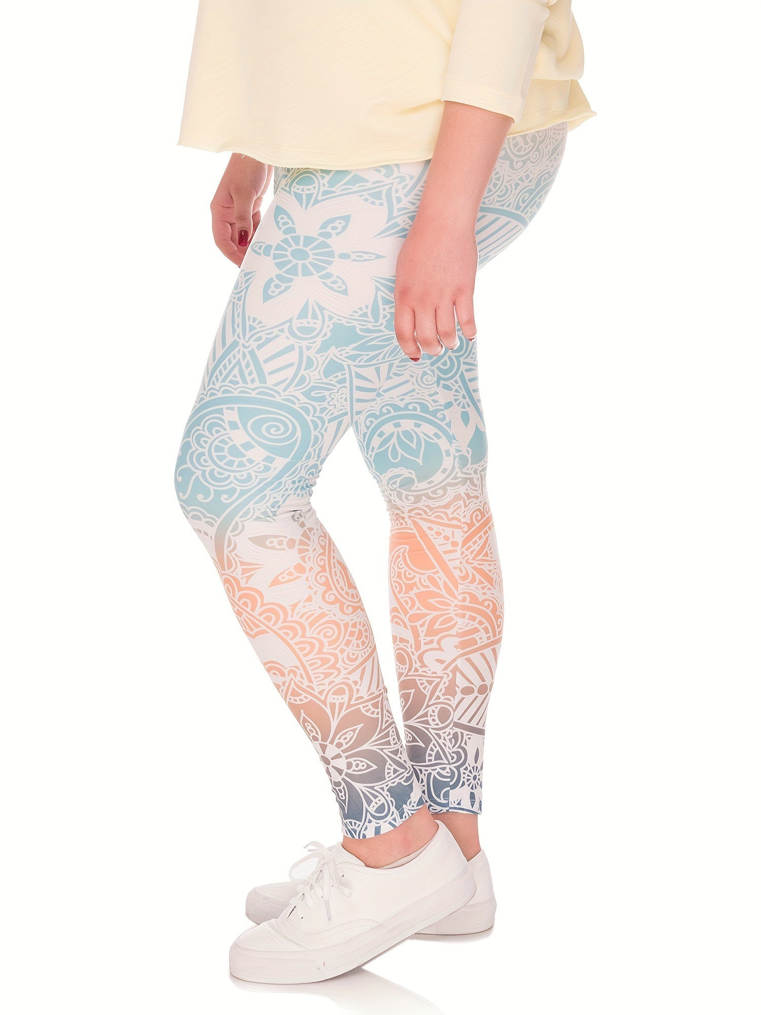  Boho Pants Women's Plus Floral Ombre High Stretch Leggings