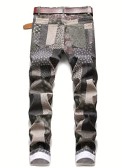 Y2K Plaid Patchwork Slim Fit Jeans Men's Casual Denim Pants