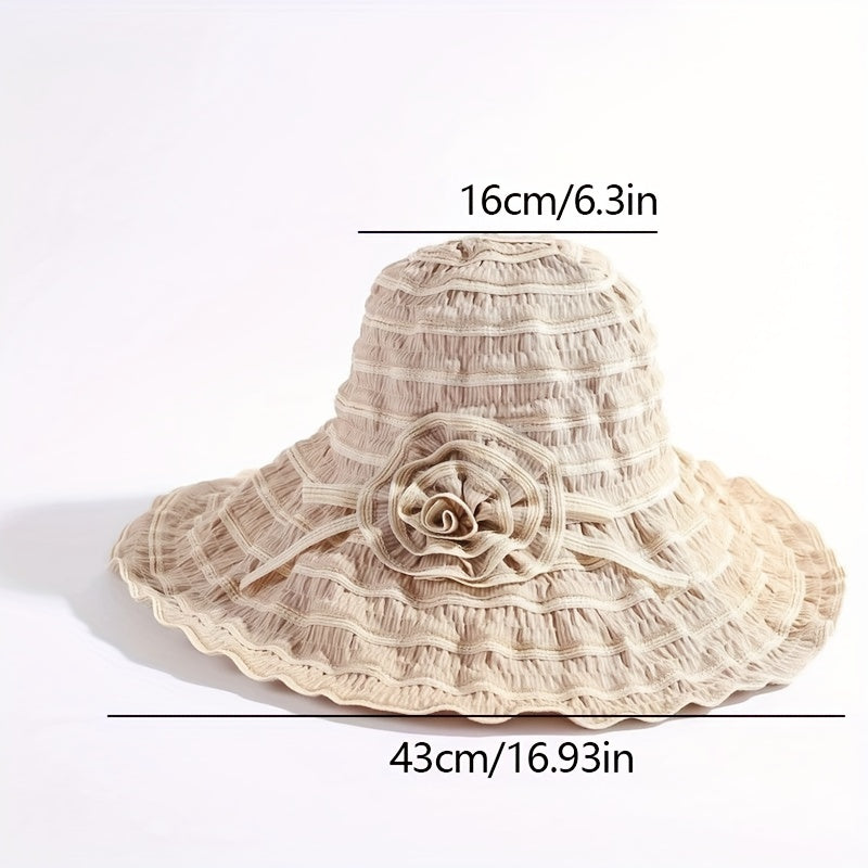 Pleated Sun Hat Flower Striped Bucket Hat Wide Brim